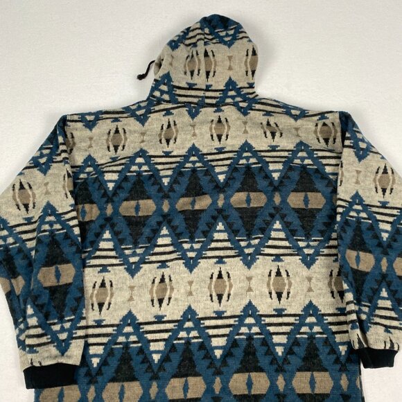 Vintage 90s Pazzo Fleece Aztec Geometric Native Diamond Print Blue Tan Hoodie - Picture 7 of 8